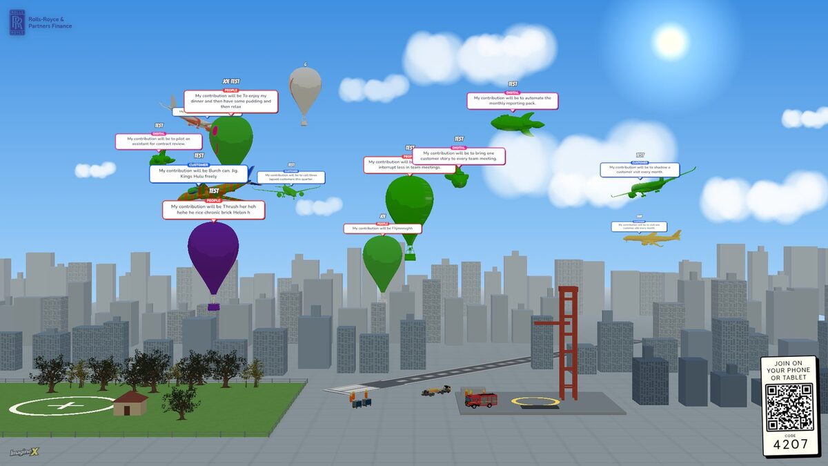 A custom sky world over a city, filled with staff-drawn balloons, aeroplanes and rockets, each carrying a pledge