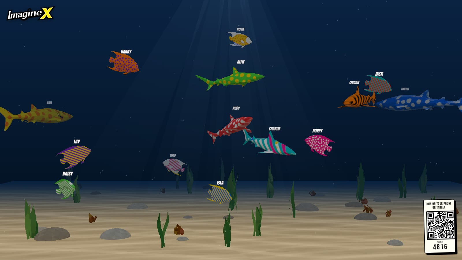 Visitors' creatures swimming on the big screen with their names above them